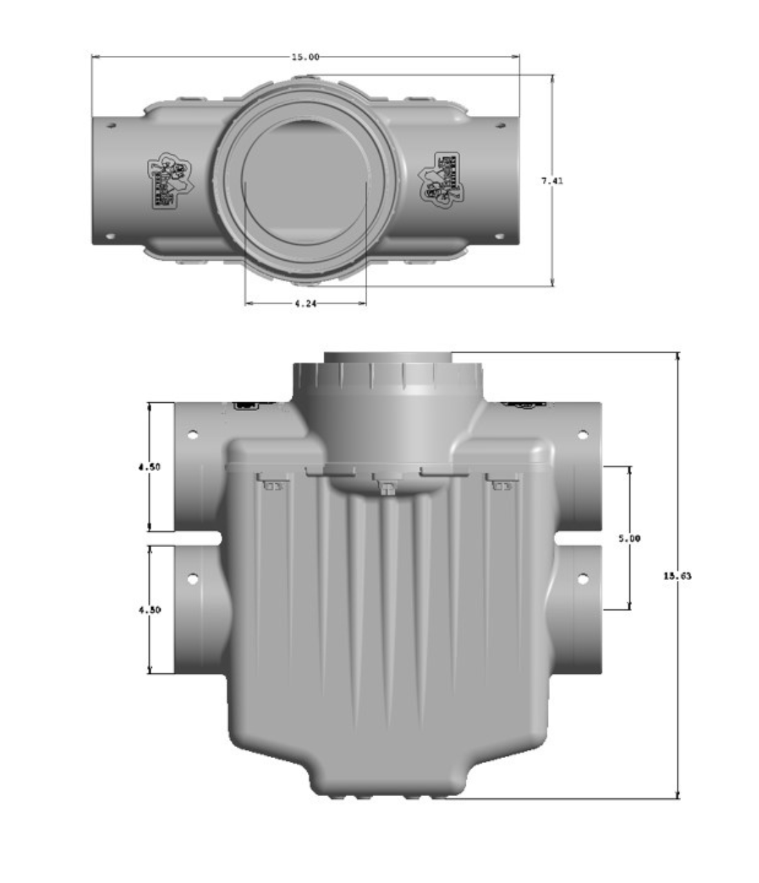 6 Inch 4-Way Connect<br>Catch Basin<br>Double Pipe System<br>Connects to 4 Inch Corrugated