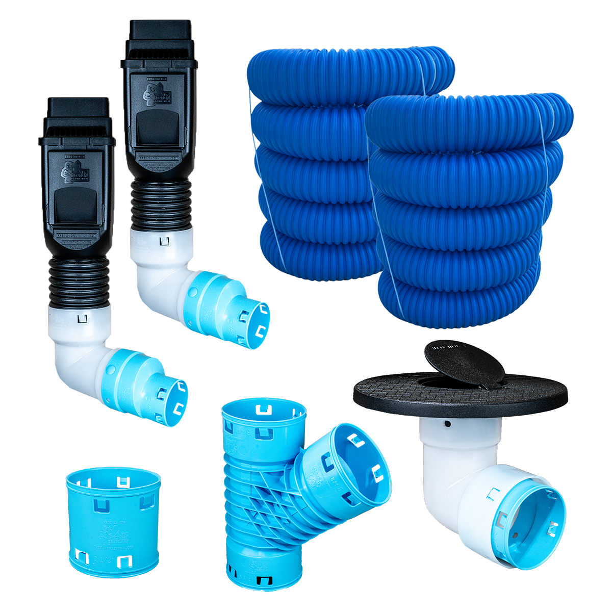 3½ Inch Premium Pro Kit for Buried Downspouts<br>Double Downspout in Black