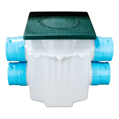 4-Way Connect<br>12 x 12 Catch Basin<br>Double Pipe System<br>Connects to 3½ Inch Corrugated