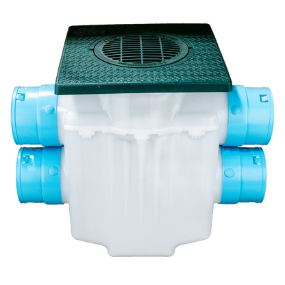 4-Way Connect<br>12 x 12 Catch Basin<br>Double Pipe System<br>Connects to 3½ Inch Corrugated