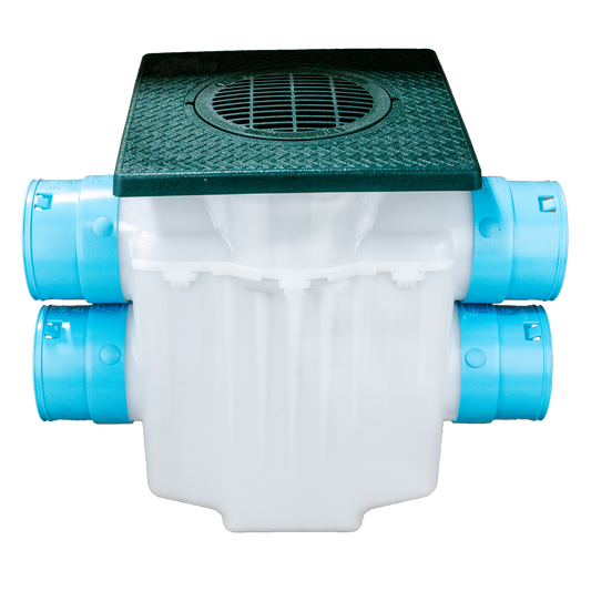 4-Way Connect<br>12 x 12 Catch Basin<br>Double Pipe System<br>Connects to 3½ Inch Corrugated