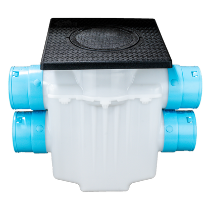 4-Way Connect<br>12 x 12 Catch Basin<br>Double Pipe System<br>Connects to 3½ Inch Corrugated