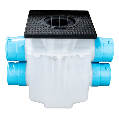 4-Way Connect<br>12 x 12 Catch Basin<br>Double Pipe System<br>Connects to 3½ Inch Corrugated