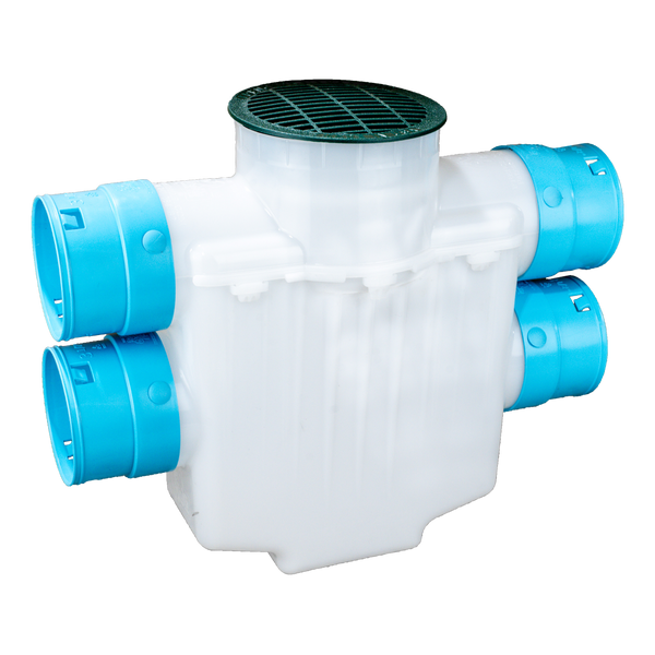 6 Inch 4-Way Connect<br>Catch Basin<br>Double Pipe System<br>Connects to 3½ Inch Corrugated