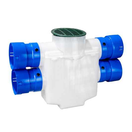 6 Inch 4-Way Connect<br>Catch Basin<br>Double Pipe System<br>Connects to 4 Inch Corrugated