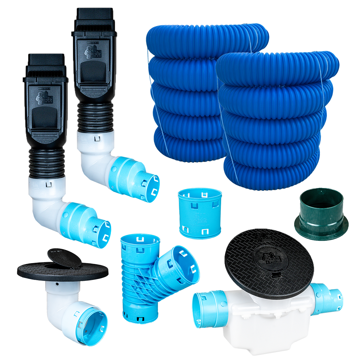 3½ Inch Premium Pro Kit for Buried Downspouts<br>Double Downspout in Black