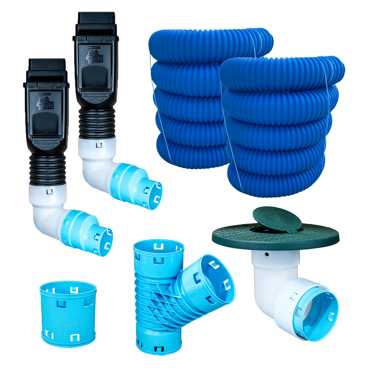 3½ Inch Premium Pro Kit for Buried Downspouts<br>Double Downspout in Black